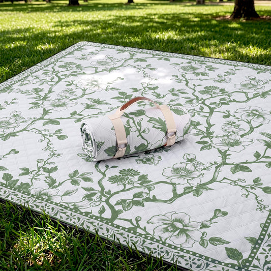 Newwiee 80 x 80 Inch Green Floral Picnic Blanket Extra Large Outdoor Chinoiserie Picnic Mat with Carry Strap Waterproof Sandproof Blanket Foldable Portable for Beach Camping Grass Lawn Park