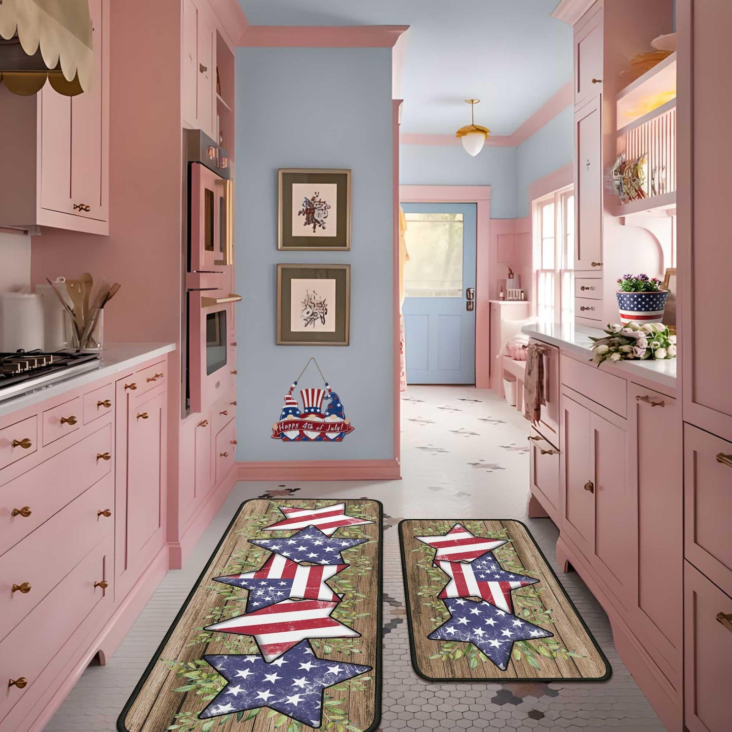 4th of July Kitchen Rugs Set of 2, Blue American Flag Stars Rug Forth of July Decorations Non Slip Backing Patriotic Kitchen Mats for Floor Memorial Day Home Decor (4th of July 2, 17"x47.2"+17"x30")