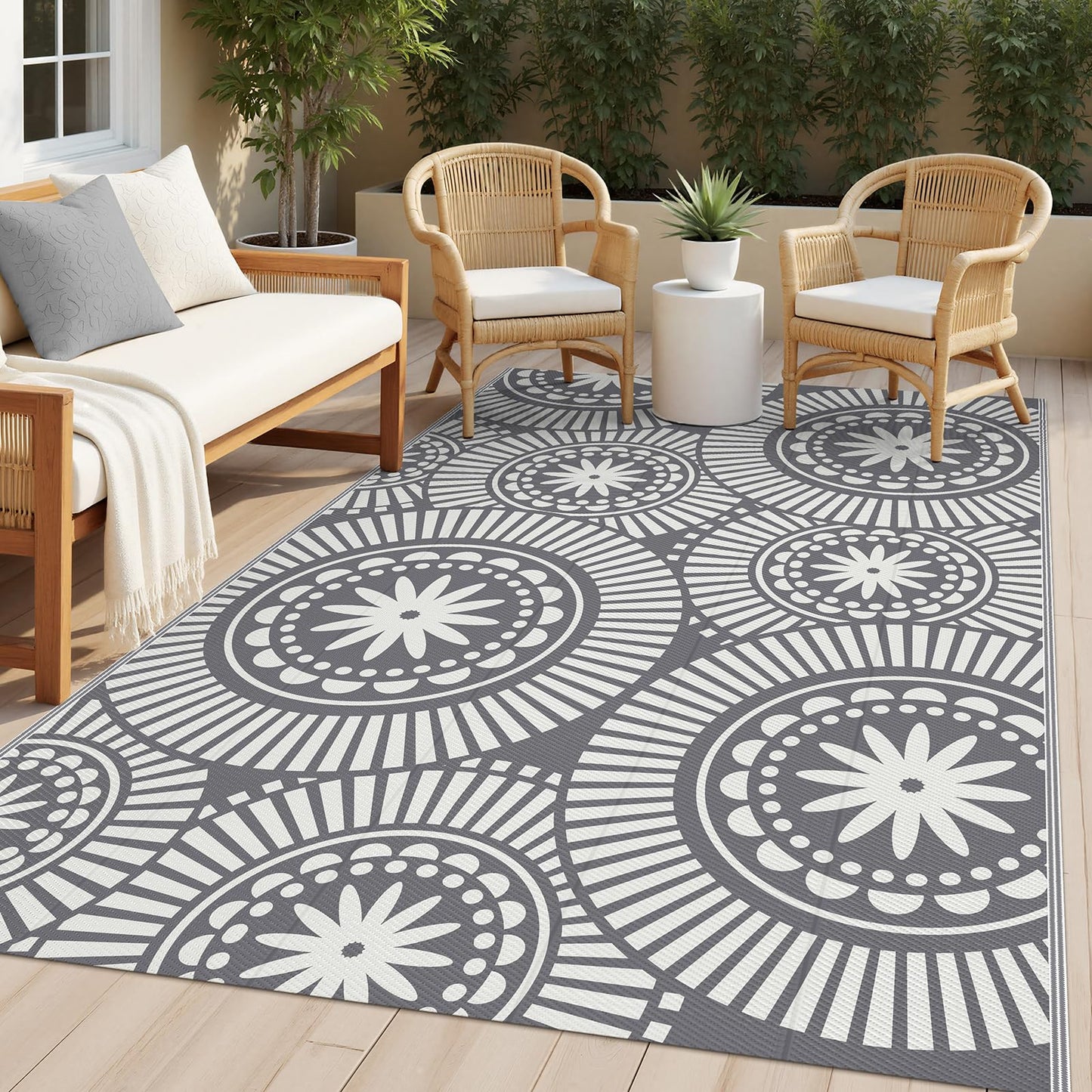 Ileading Outdoor Patio Rug Waterproof, Reversible Plastic Straw Mat, Grey Geometric Outside Carpet Quick Dry, Portable Area Rug for Deck Porch Balcony Camping RV (5×8 ft)