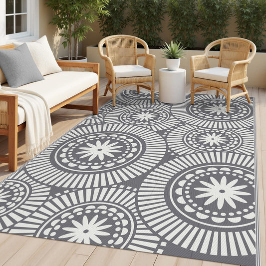 Ileading Outdoor Patio Rug Waterproof, Reversible Plastic Straw Mat, Grey Geometric Outside Carpet Quick Dry, Portable Area Rug for Deck Porch Balcony Camping RV (5×8 ft)