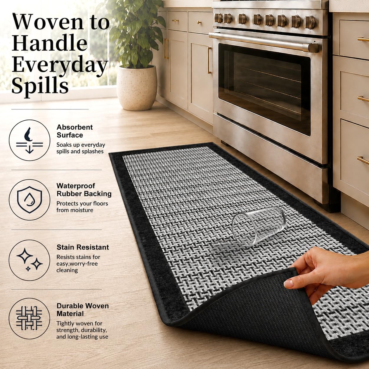 eqivei Kitchen Rugs, Non Slip Washable Kitchen Mat Set of 2, 47"x20"+31"x20", Absorbent Runner Rugs with Rubber Backing for Front of Sink, Kitchen Floor, Laundry Room (Black)