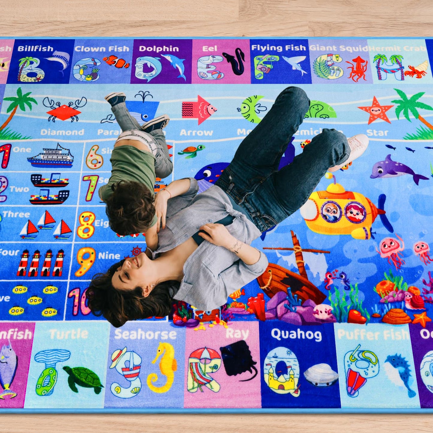 Mfmiudole Ocean Educational Kids Learning Rug with ABC Alphabet, Sea Animals, Numbers & Shapes, Interactive Preschool Play Carpet for Classroom Nursery Homeschool, Non-Slip Rug, 5' x 3'3"
