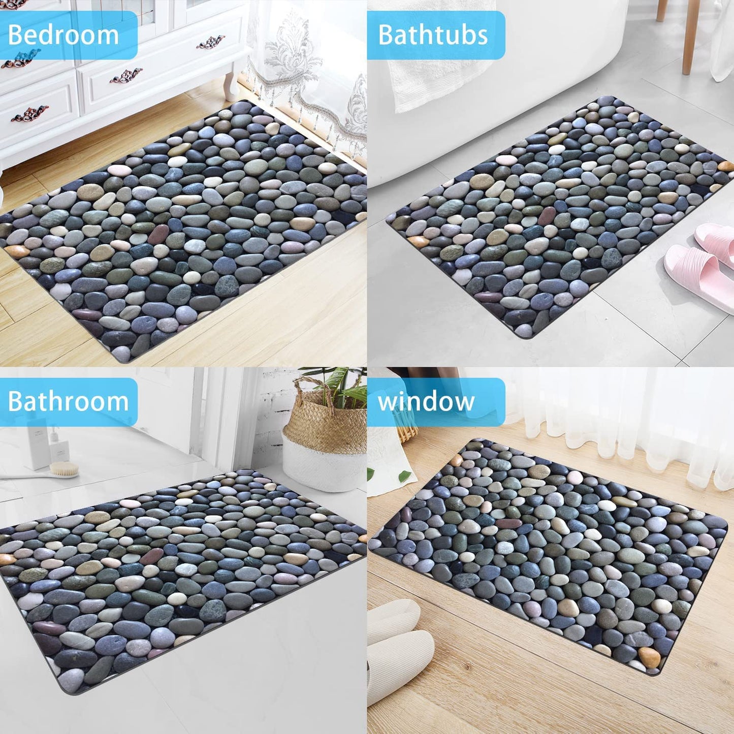OHTMTHO Cobble Pebble Stone Bath Mat Non Slip Washable Bathroom Rugs for Shower Room Bathtub 16"x24"