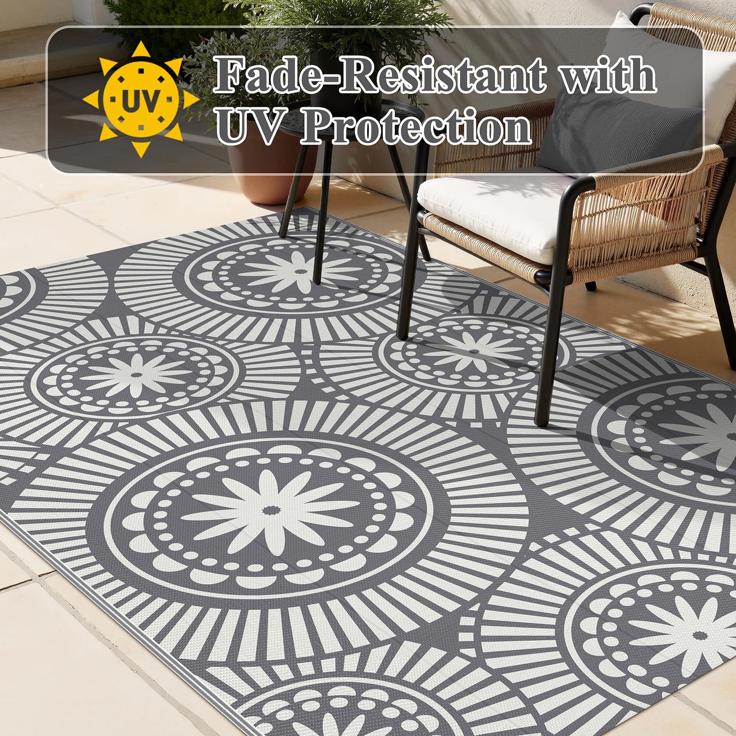 Ileading Outdoor Patio Rug Waterproof, Reversible Plastic Straw Mat, Grey Geometric Outside Carpet Quick Dry, Portable Area Rug for Deck Porch Balcony Camping RV (5×8 ft)