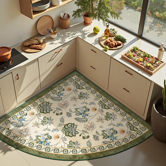 jinchan Elora Floral Corner Rug for Living Room Washable Bedroom Rug Vintage Romance Design Non Slip Quarter Circle Lightweight Low-Pile Throw Carpet for Reading Nook Playroom,6ft Radius, Green/Beige
