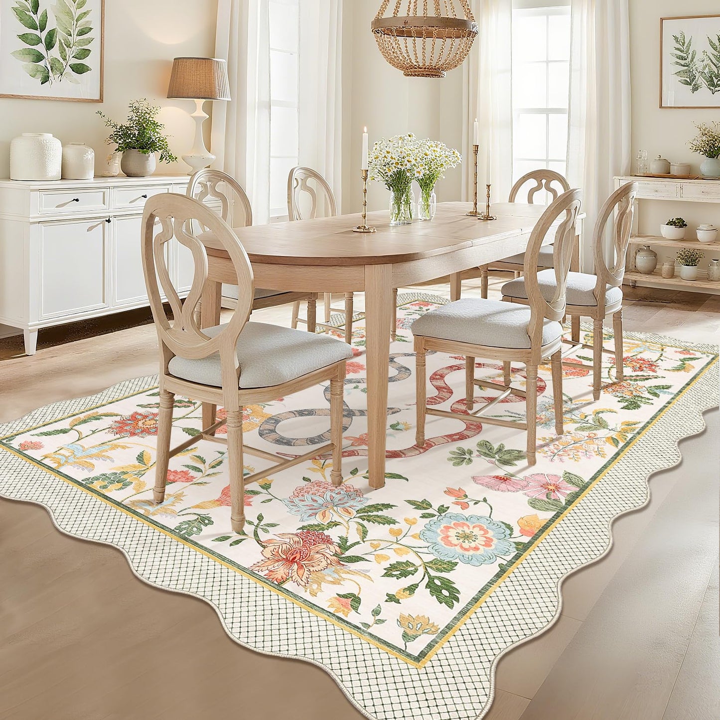 LUXLOOM Large Scalloped Area Rug Washable 10x13 Modern Floral Living Room Rug Soft Non Slip Low Pile Indoor Carpet Stain Resistant Flower Animal Patter Carpet for Playroom Beige