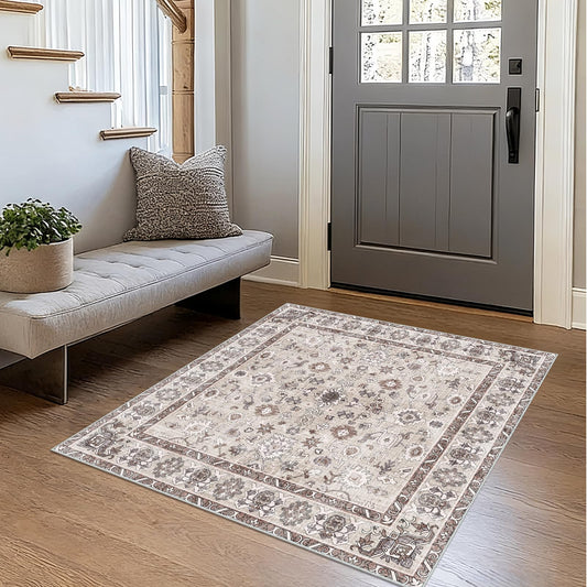 Washable 3x3 Square Rug for Entry Bathroom Kitchen Bedroom Carpet - Non Slip Stain Resistant Low Pile Soft Door mat - Protect Hardwood and Laminate Flooring Floral Farmhouse Decor 3x3 Beige
