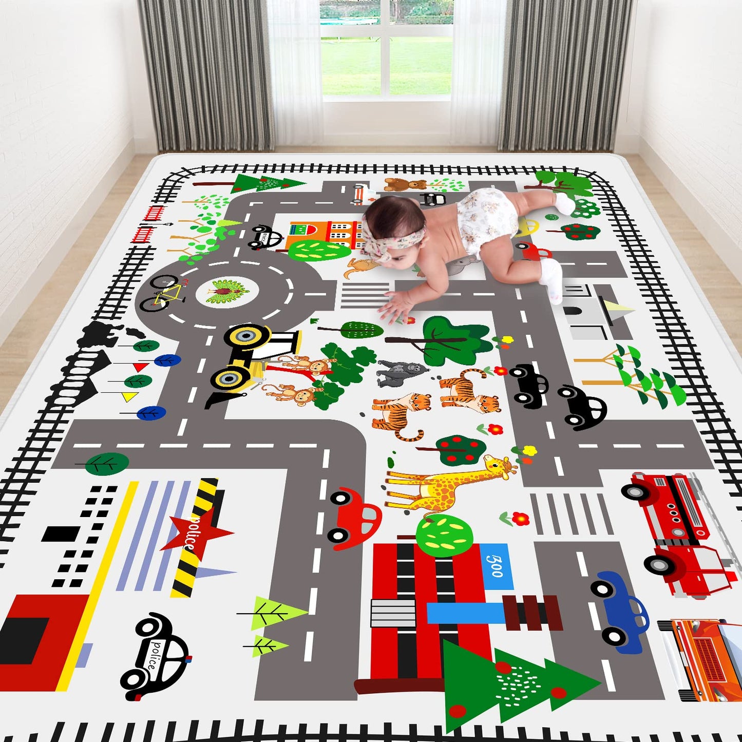 LTKOUGFAM 5x7ft Kids Town Road Play Rug - Car Playmat, Kids Rugs for Playroom Car Mat Town City Road Traffic Rugs, Extra Large Boys Kid Cars Track Play Rug (Style Five, 78.7X 59 INCH)