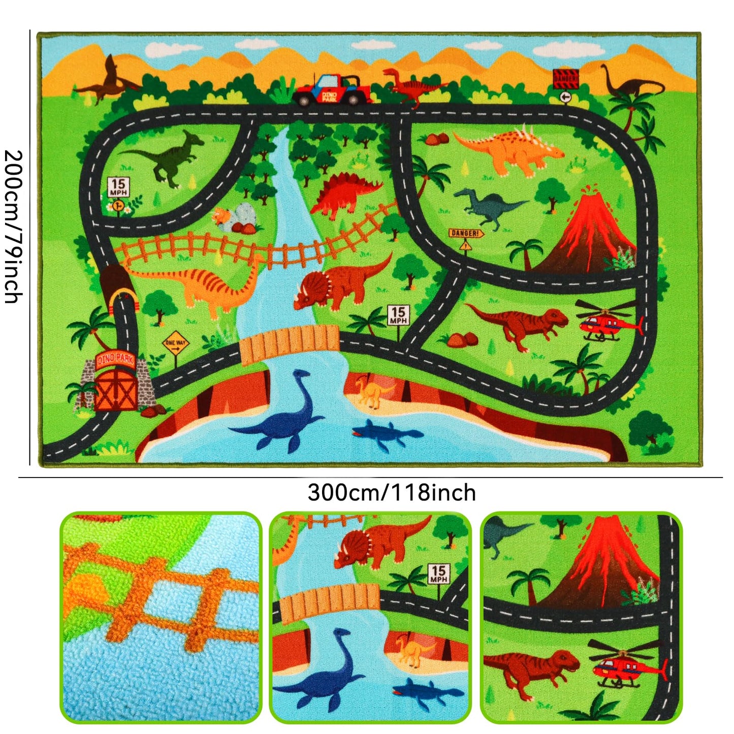 Kids Car Rug,6'7" x 9'10" Dinosaur Car Carpet for Kids Toy Cars,Non Slip Dino Safari Road Map Kid Rug for Playroom Bedroom Boys,Kids Play Mat Road Rugs,Track Rug Car Play Carpet for Kid