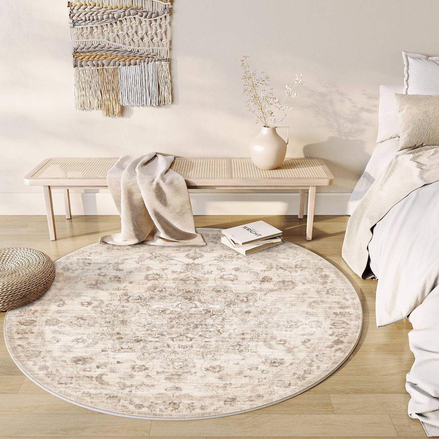 WondRg 8x8 Washable Neutral Round Rug Beige Vintage Living Room Bedroom Circle Rug Non-Slip Soft Low Pile Farmhouse Indoor Carpet for Kitchen Dining Room Office
