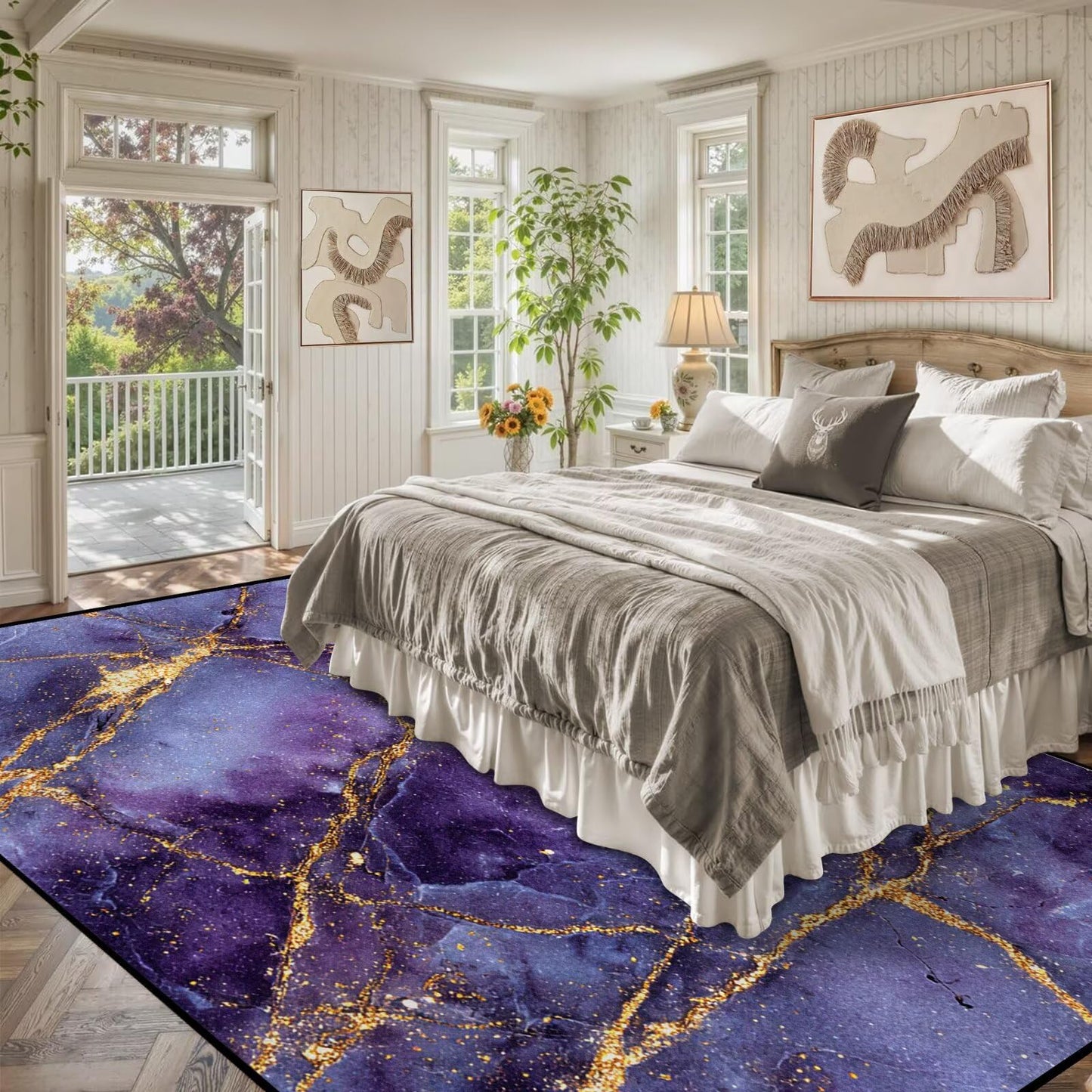 FUYEUN 6' x 9' Marble Area Rugs Morden Abstract Large Floor Throw Rug for Bedroom Dining Living Room Dorm Throw Carpet Doormat Home Decor Washable, 70" x 108", Purple and Gold