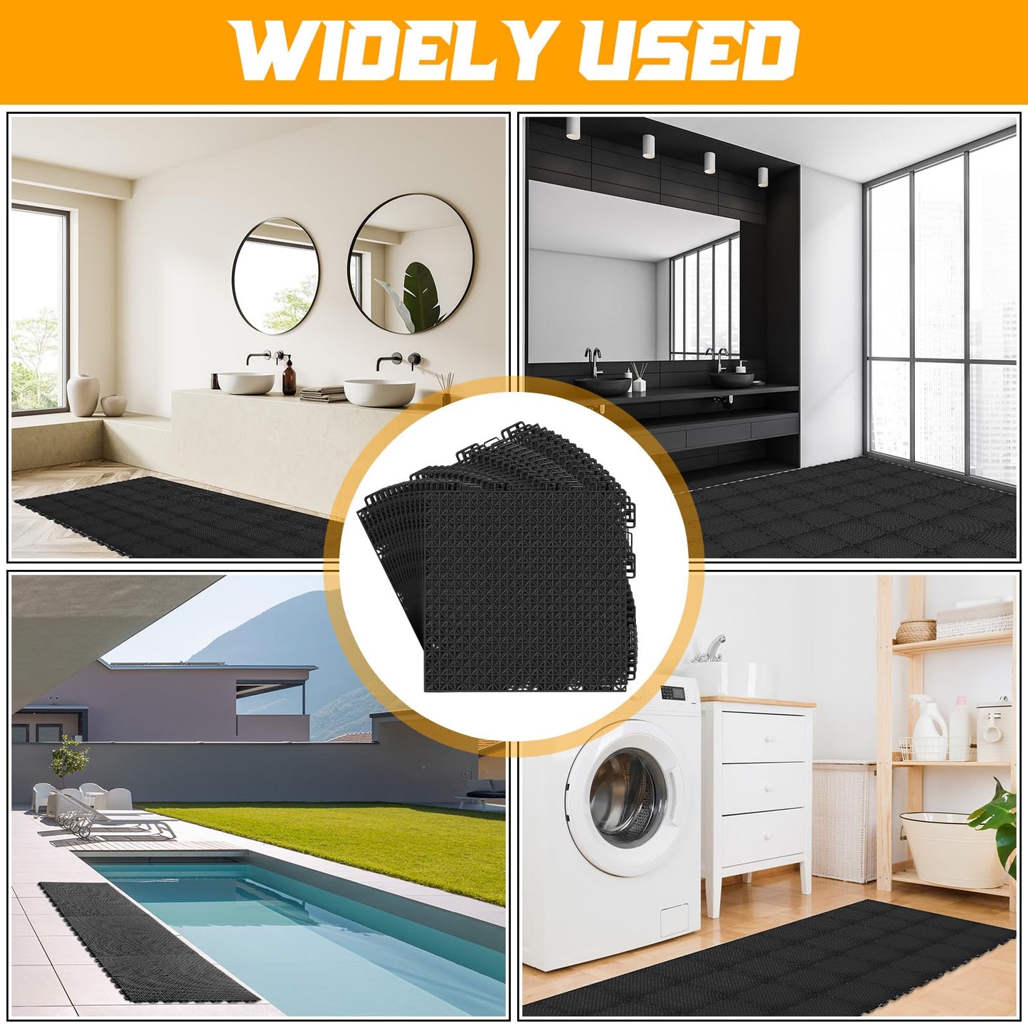 Huwena 100 Pack Rubber Floor Tiles Interlocking Tiles Drainage Mat 10" x 10" Rubber Deck Non Slip Modular Interlocking Cushion Pool Deck Mat for Garage Patio Greenhouse Outdoor Indoor Black