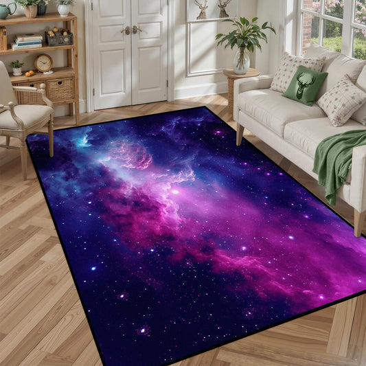 5' X 7' Purple Galaxy Rug Space Rugs Colorful Throw Rug Non-Slip Sun and Cloud Carpet Doormats for Living Room Bedroom Apartment Dorm Floor Mat