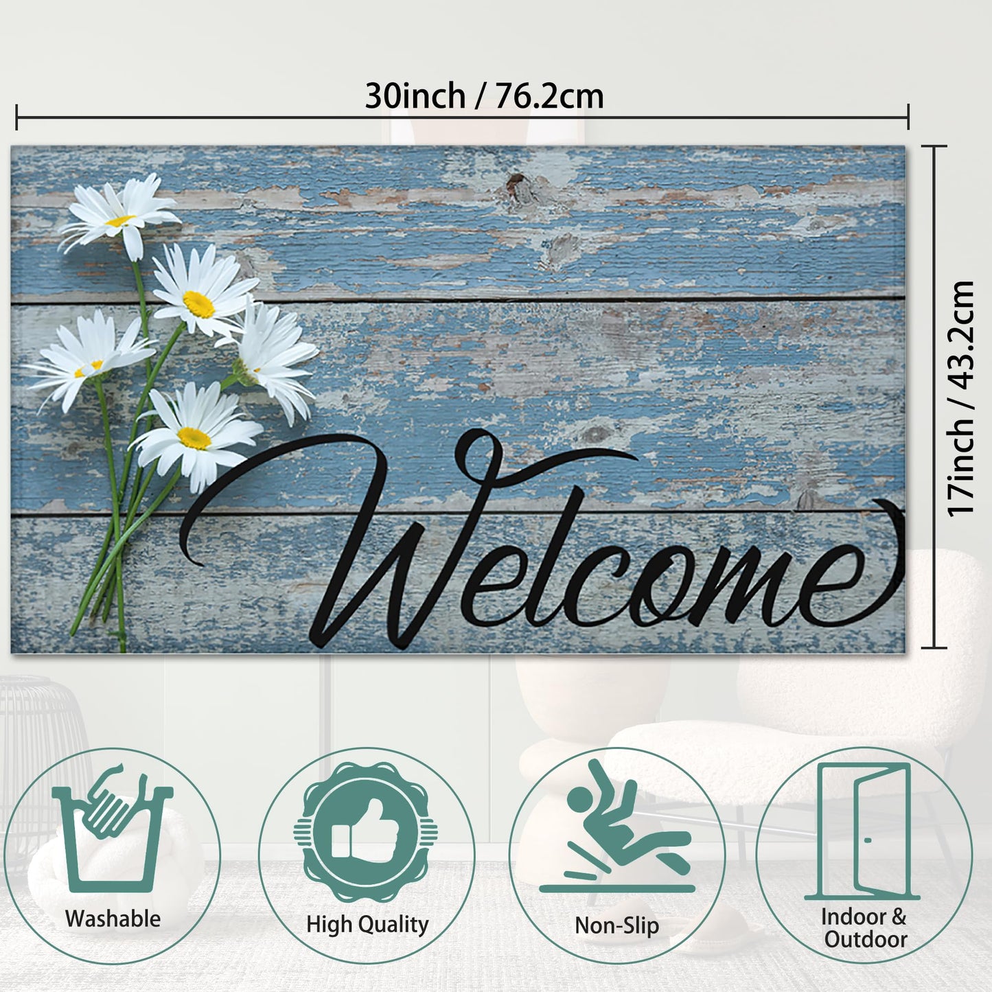 Retro Daisy Welcome Mats, Non-Slip Indoor Outdoor Door Mat for Home Entrance, Easy to Clean Floor Mat, 17 x 30 Inch for Entryway