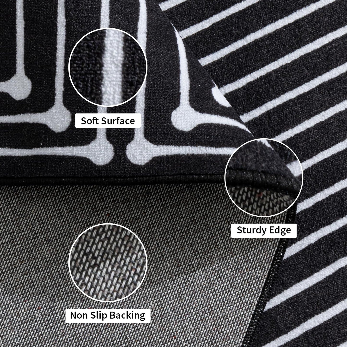 YIHOUSE Modern Washable 6ft Round Rug for Living Room, Black 6x6 Circle Rugs for Bedroom Non Slip Non Skid, Soft Striped Carpet for Dining Room Playroom Home Office Decor
