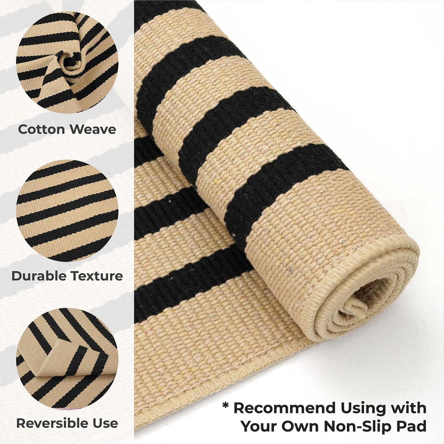 KOZYFLY Brown and Black Striped Rug 4x6 Ft Area Rug Washable Indoor Outdoor Rug Cotton Door Mat for Double Front Door Entryway Patio Porch Living Room Carpet