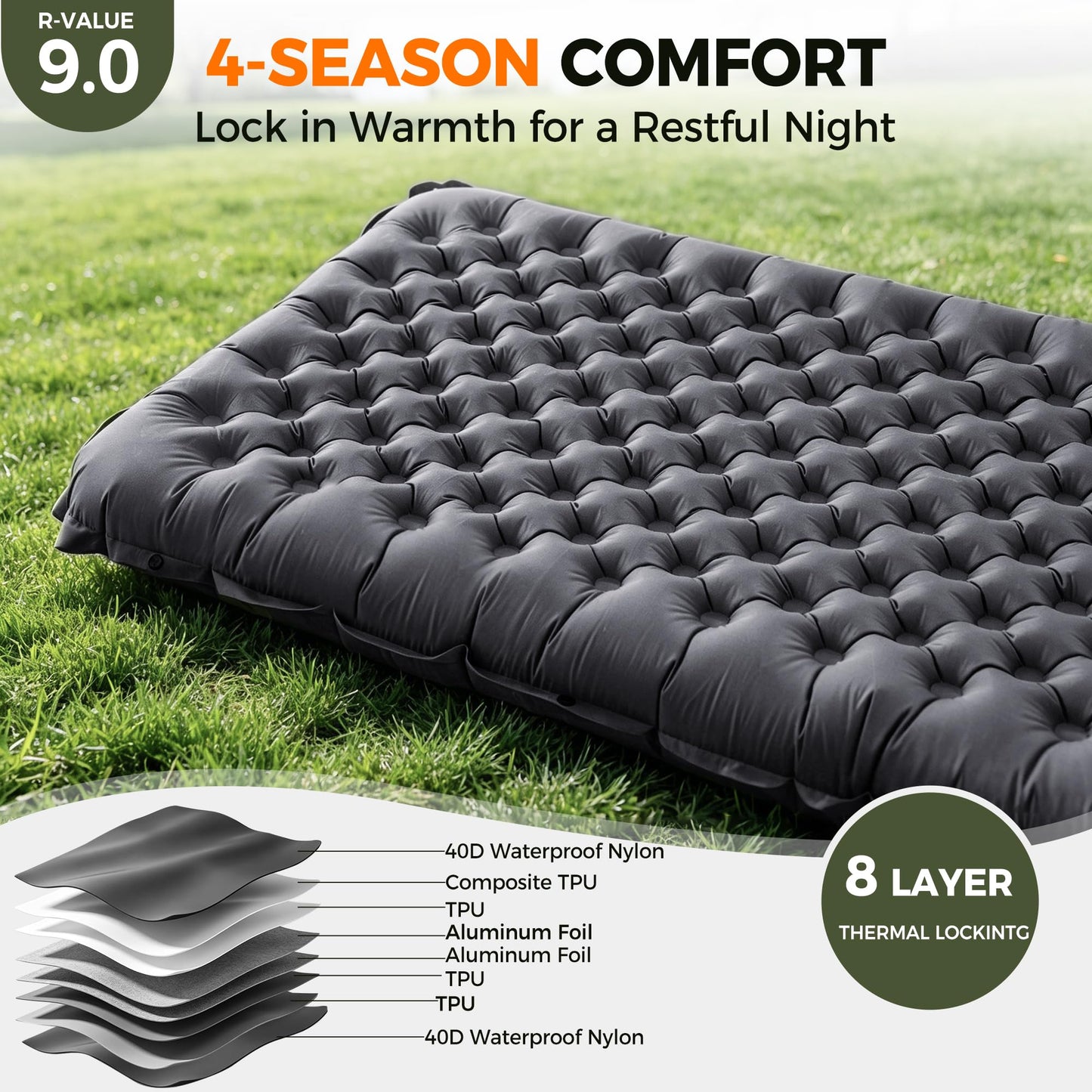 Asrug Camping Insulated Sleeping Pad with 9.0 R-Value for All Season Portable 4" Thick Camping Mattress Pad for Outdoor Hiking Tent Ultralight Backpacking Inflatable Sleeping Mat(Gray)