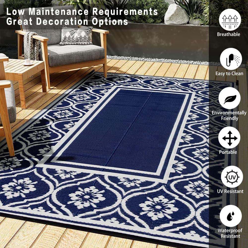 HUGEAR Outdoor Patio Rug 5'x8' Waterproof Outside Area Rugs Blue Reversible Plastic Straw Carpet for RV Deck Camping Entryance Porch Picnic Balcony Beach
