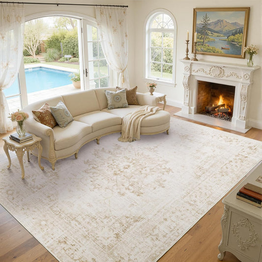 Groovoft 5x7 Area Rug for Living Room, Washable Vintage Floral Medallion Rug, Soft Low Pile Non Slip Carpet for Bedroom Dining Room Home Office, Distressed Beige Indoor Rug