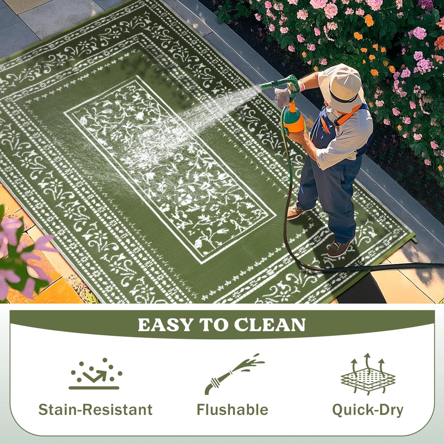 nesrt Patio Outdoor Rug 5x8 Ft Waterproof, Reversible Plastic Straw Floral Rugs for RV Camping Picnic, Portable Outside Balcony Carpet Mat for Deck Backyard Beach Porch (Dark Green)