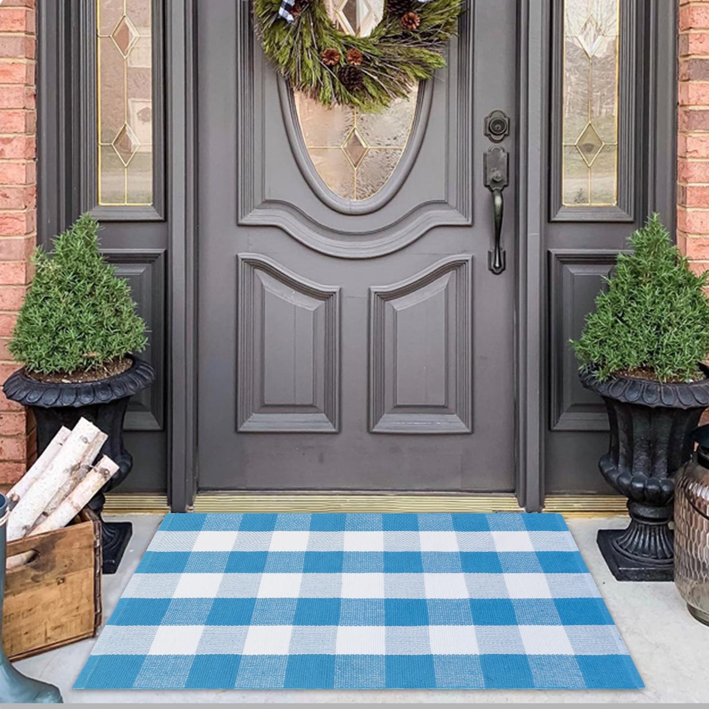 Fallovea Spring Rugs Blue and White Plaid, 28” x 43” Area Rug Outdoor Indoor Summer Front Porch Doormat Cotton Hand-Woven Layered Door Mats for Entryway Patio Entryway Laundry Bedroom