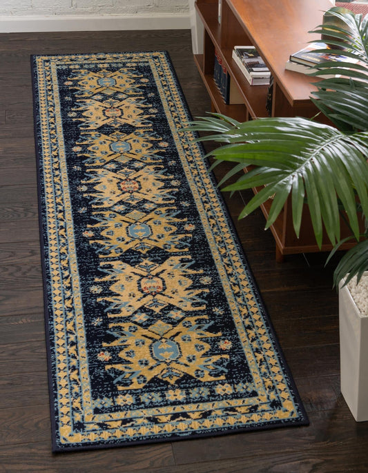 Unique Loom Taftan Collection Border Geometric Tribal Inspired Design Area Rug (2' 7 x 10' 0 Runner, Navy Blue/ Gold)