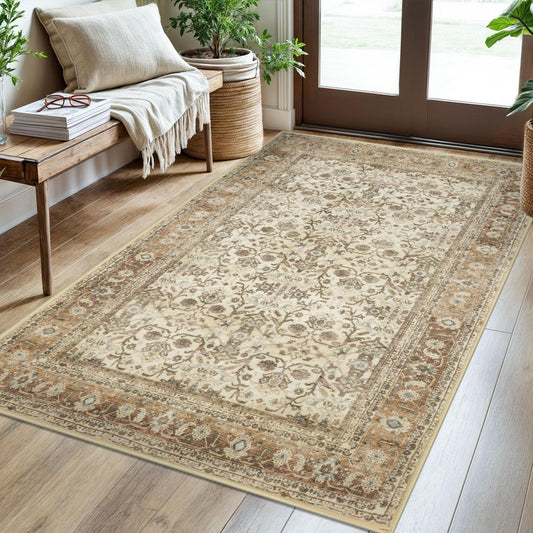 SIILOOM 3x5 Washable Area Rug for Entryway, Beige Brown Soft Tribal Floral Rug with Slip-Resistant, Low-Pile Vintage Tribal Area Rugs for Entryway Bedroom, Dorm Carpet with Non-Shedding