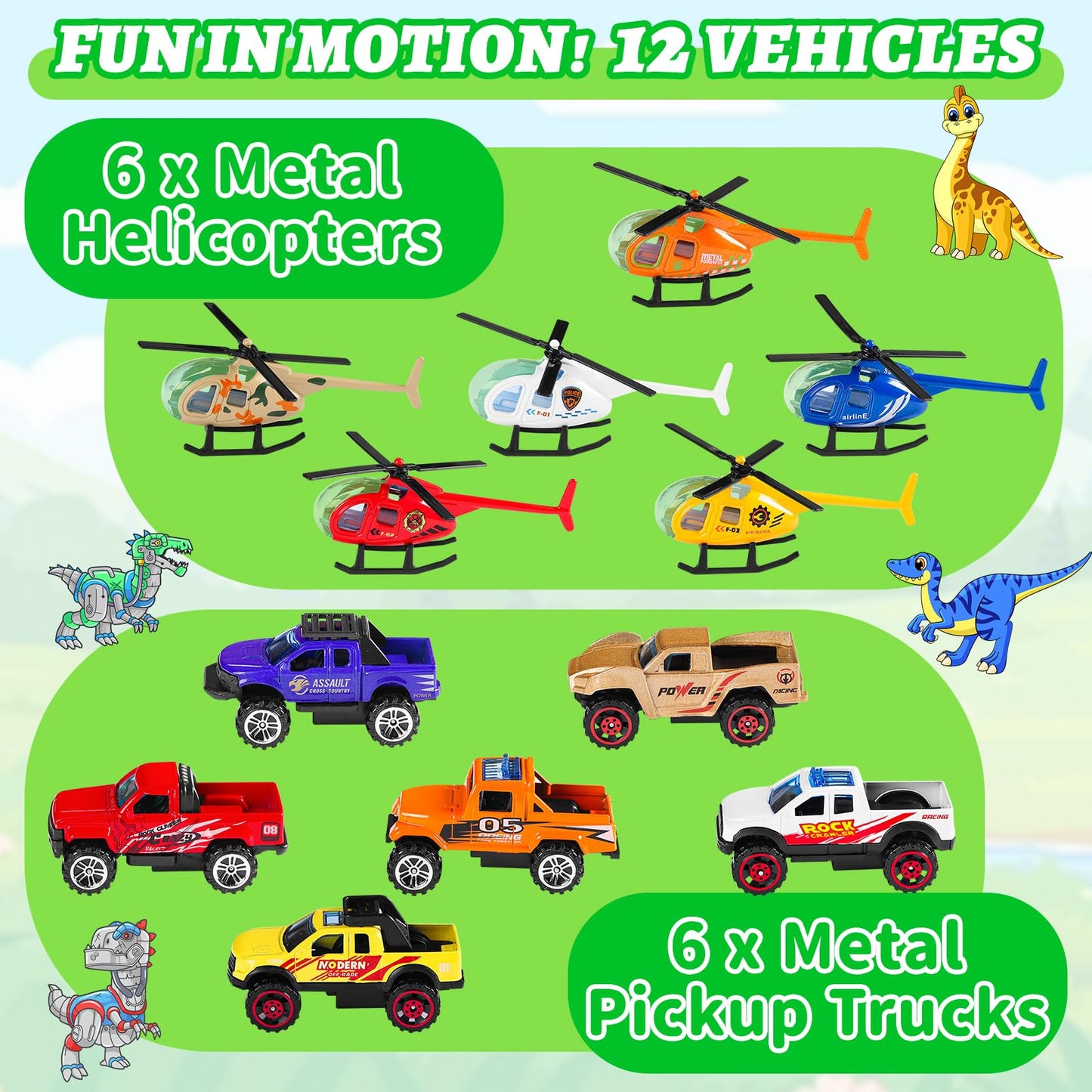 DINSUMRUG Dinosaur Play Rugs Gift Set, Jurassic Car Rug with 12 Metal Vehicles (6 Helicopters + 6 Pickup Trucks), 59"×39.4" Kids Car Play Mat, Dino Park Adventure Rug for Boys Girls 3-8 Years