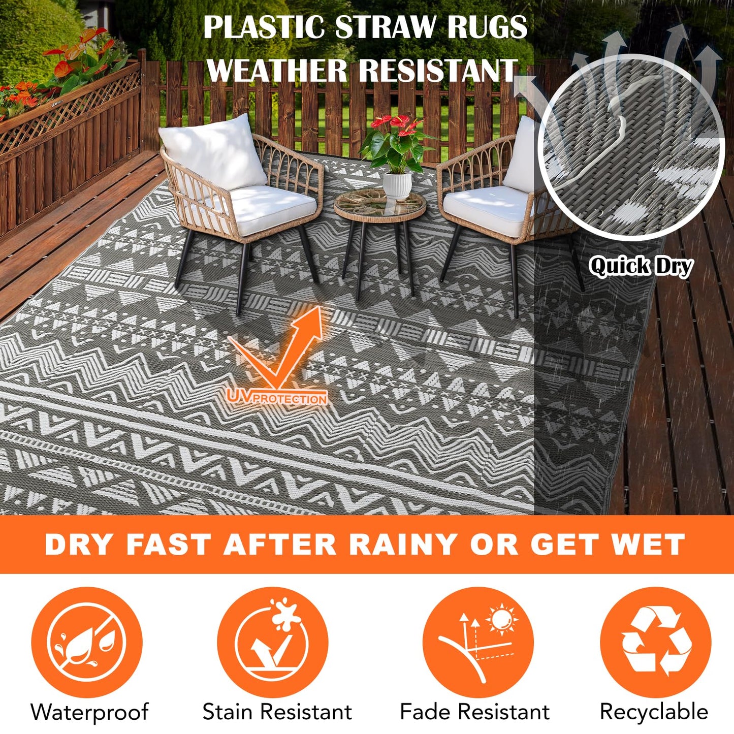 Outdoor Patio Rugs 8x10 Waterproof Outdoor Plastic Straw Rug Reversible Outdoor Rug 8x10 Clearance Rv Mat UV Fade Resistant ,Stain Resistant, Grey White Outside Rug for Deck,Balcony,Camping,Pool