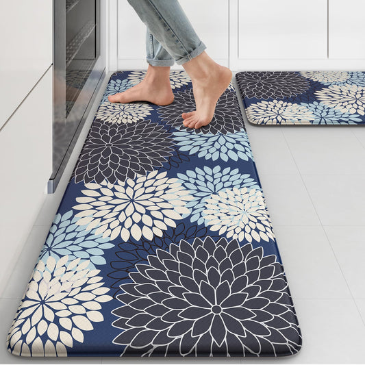 Anti Fatigue Kitchen Mats 2PCS,Boho Dahlia Kitchen Rugs Non Slip Rubber Backing,Farmhouse Waterproof Kitchen Mat for Floor,Cushioned Standing Mat for Kitchen,Sink,Desk,Mutil-Blue