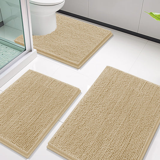 Smiry Bathroom Rugs Sets 3 Piece, Soft Absorbent Chenille Bath Mat and U-Shaped Contour Toilet Rug, Machine Wash Dry Bath Mat Sets for Bathroom Tub and Floor (30"x20"+24"x16"+24"x20", Beige)