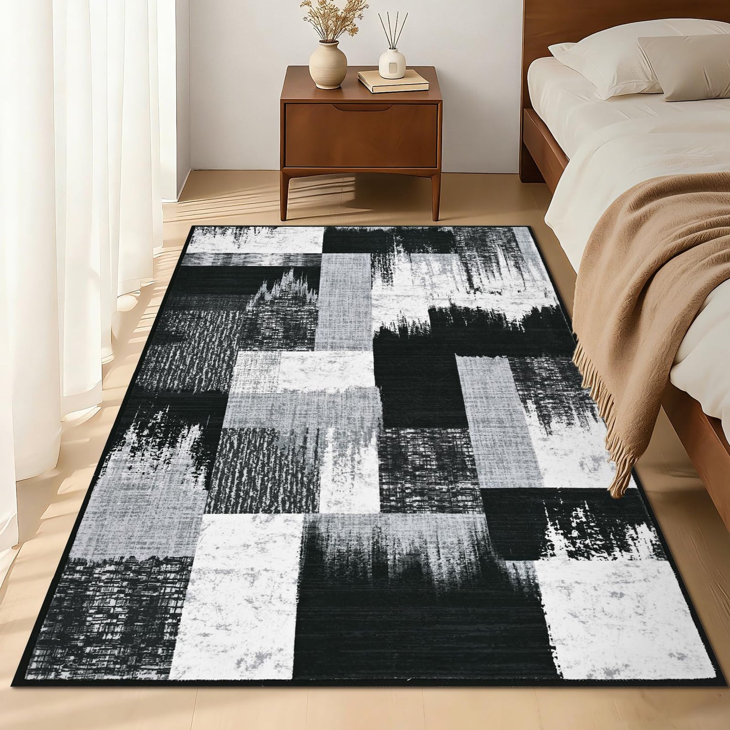 Yinhua Modern Geometric 4x6 Rug, Patchwork Grey Rugs for Living Room Washable Abstract Area Rug Non Slip, Soft Bedroom Rugs Stain Resistant, Mid Century Low Pile Carpet for Dining Room, Office