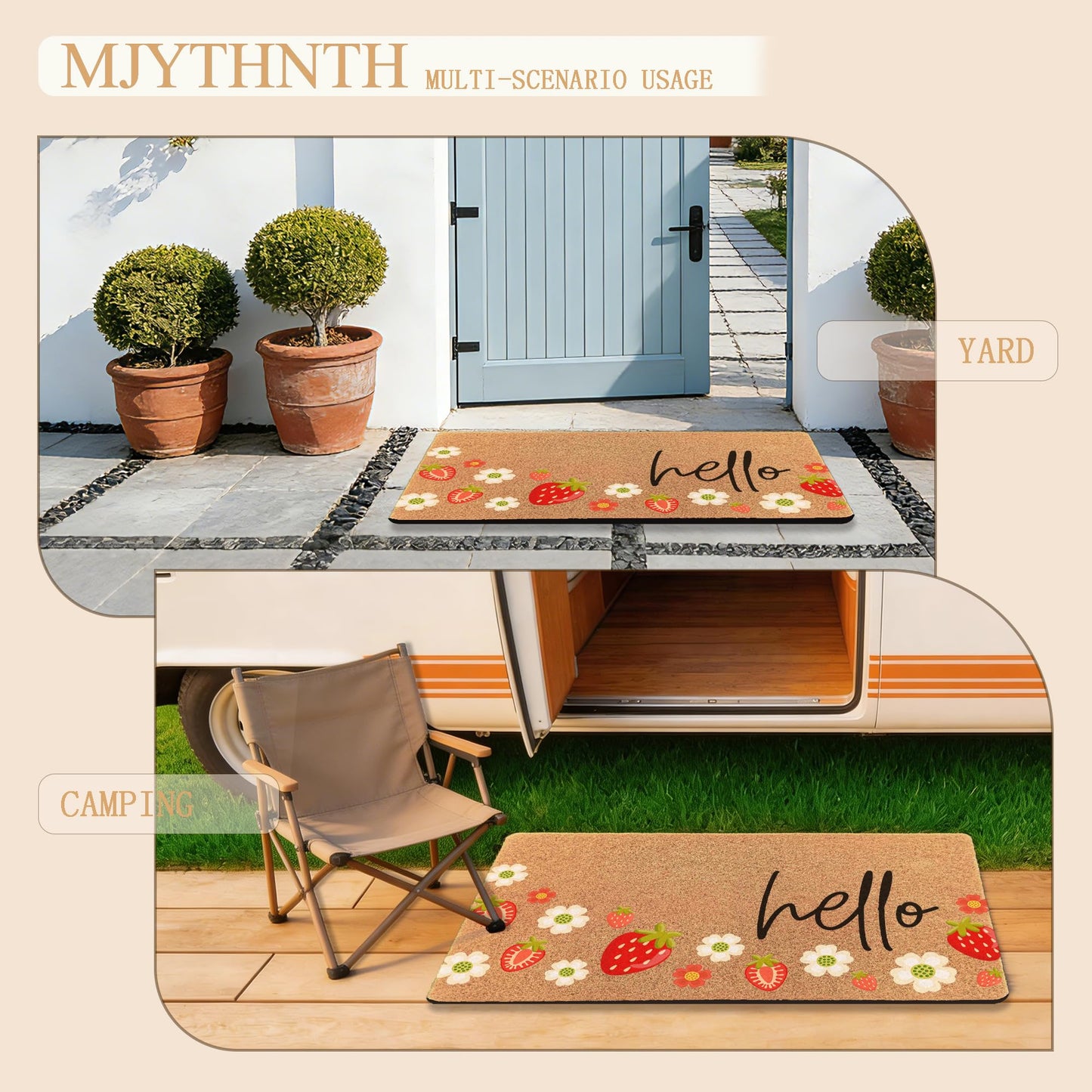 MJYTHNTH Strawberry Hello Door Mat Doormat for Front Door Outdoor Indoor, Spring Summer Strawberry Daisy Floral Welcome Mat Porch Rugs Outside Entrance, 17x30 Inches
