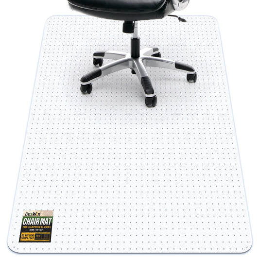 BesWin Office Chair Mat for Carpet, 32" x 48" Heavy Duty Hard Computer Desk Chair Mat for Carpeted Floors, Anti-Slip Carpet Floor Protector Mat for Office Chair, Smooth Glide, Ship Flat