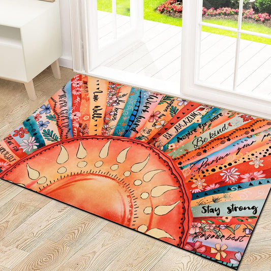 Likiyol Sun Door Mat Outside Entrance, Inspirational Quotes Welcome Mat Front Door Mats Colorful Floral Non Slip Boho Doormat Outdoor Indoor Entrance, Low Profile, Absorbent, 18'' x 30''
