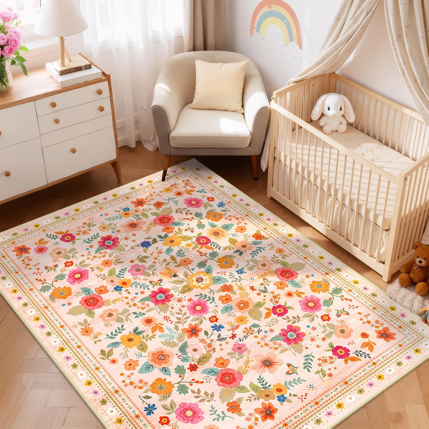 5x7 Area Rugs, Washable Floral Rug, Low Pile Non-Slip Carpet, Flower Rug for Living Room Bedroom Hallway Entryway Kitchen Office, Pink Beige