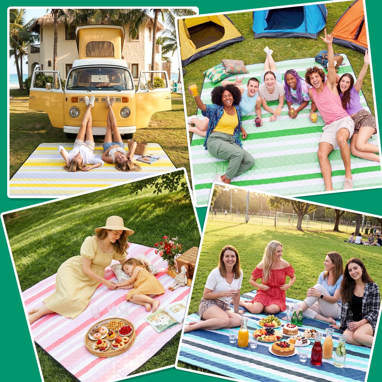 RYCHIC Waterproof Picnic Blanket Beach Mat Outdoor Outside Carpet Thick Rug Towel Kids Activity Playmat Oversized Cute Match Table Bag Basket Set Ground Cover Park Lawn Summer Vacation Essential