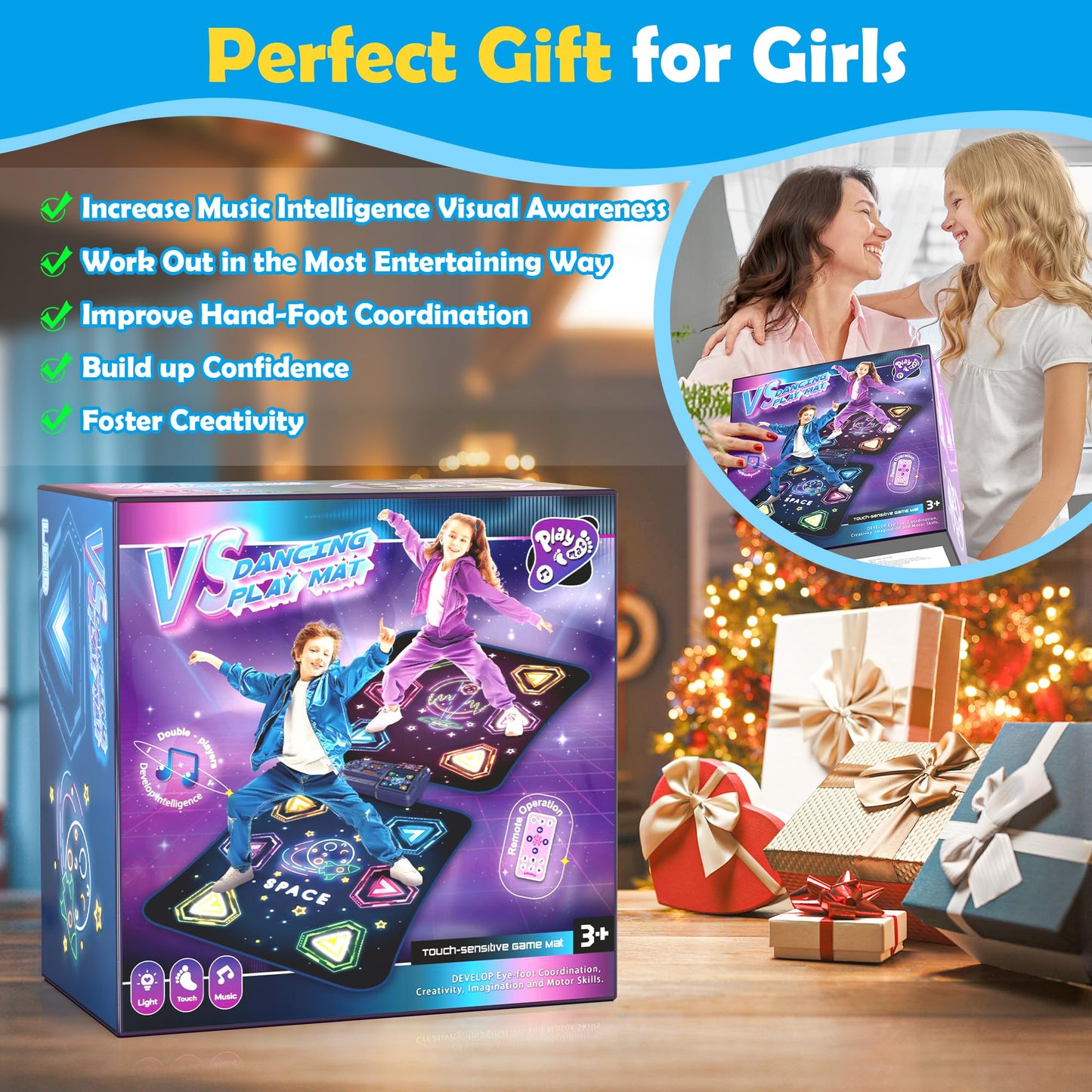 Pafolo Dance Mats for Girls 4-8, Electronic Dance Mats, Dance Mat Toys, Kids Dance Mat, Girls Dance Mat, Dancing Mat, 2-Player LED Light Music Dance Toy with 5 Modes, Develops Hand-Eye Coordination