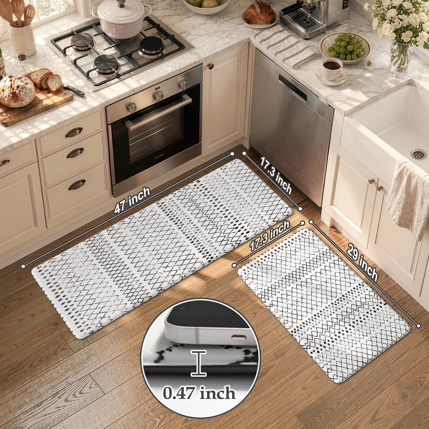 KIMODE Kitchen Mats 2PCS,Cushioned Anti Fatigue Kitchen Rugs and Mats,Non Skid Waterproof Kitchen Mats for Floor,Comfort Foam Standing Mat for Home Decor, Office,Sink,Laundry Room,Desk,Black and White