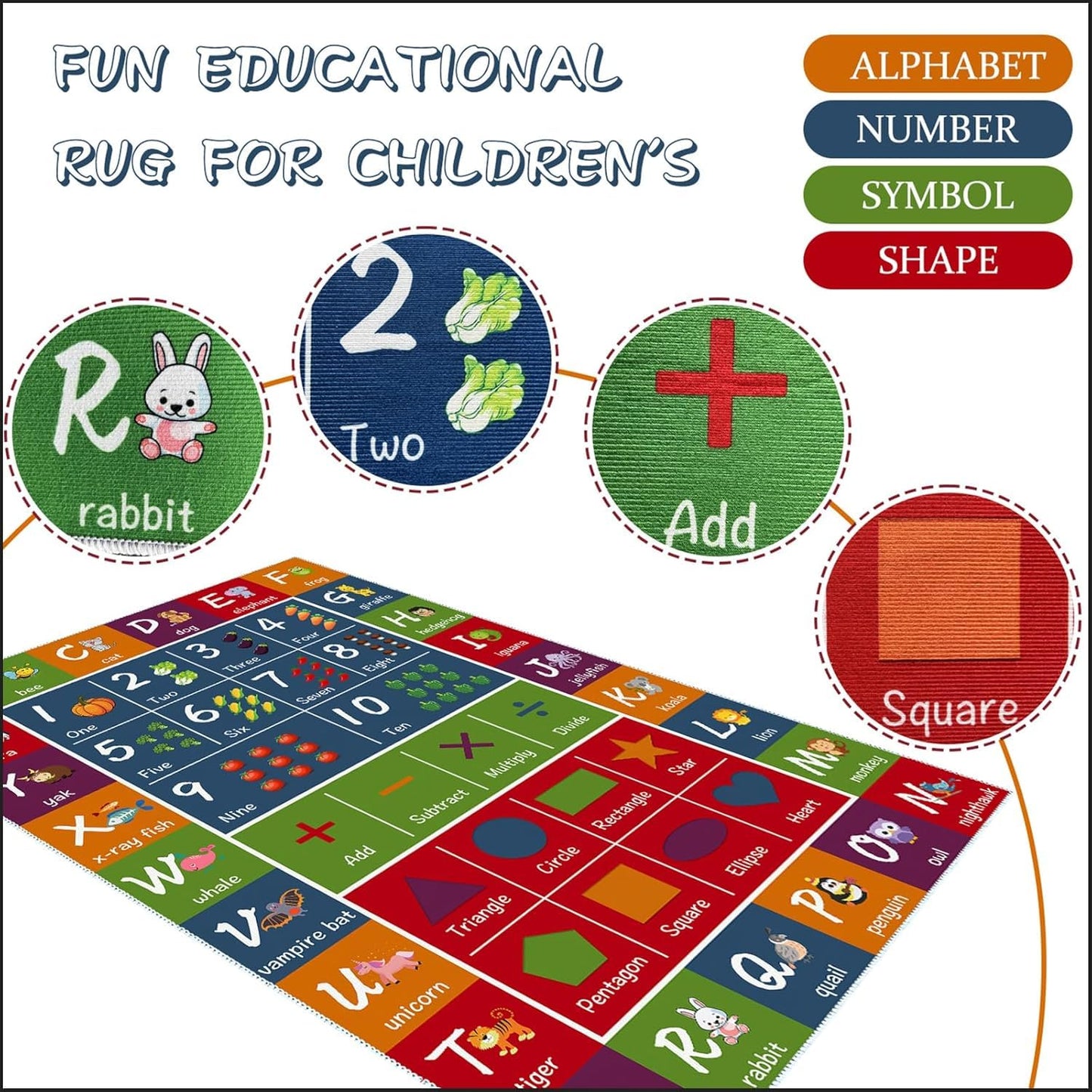 SAMESIEG ABC Educational Area Rug - Alphabets Numbers Fun Kids Game Rug Carpet - Cartoon Pattern Floor Mat Crawling Mat for Children's Room Playroom Bedroom Nursery