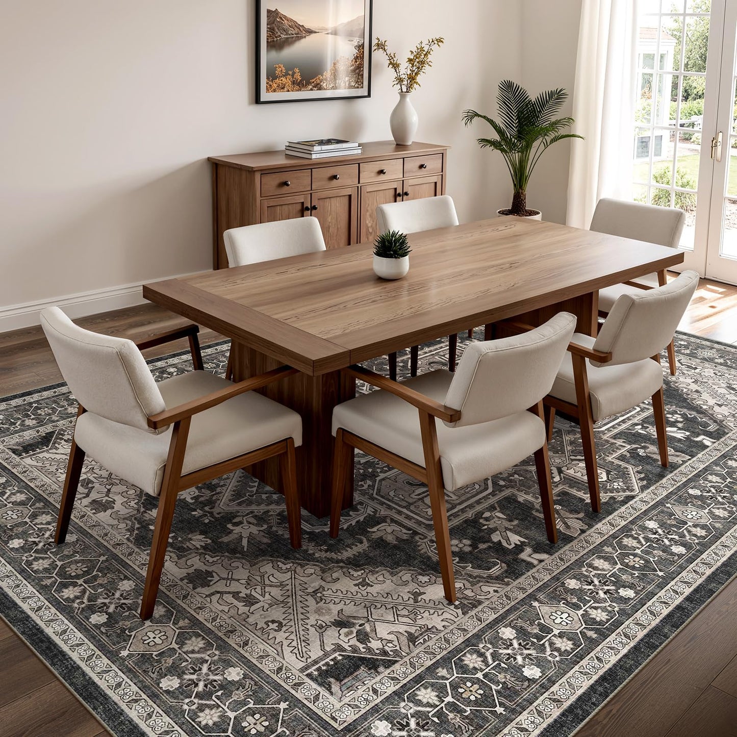 WITSHOCK Living Room Area Rugs 5x7: Washable Rug Boho Soft Non-Slip Low Pile Stain Resistant Foldable Carpet for Bedroom Playroom Dining Room Office Kitchen Farmhouse Home Decor Rug-Bitter Black