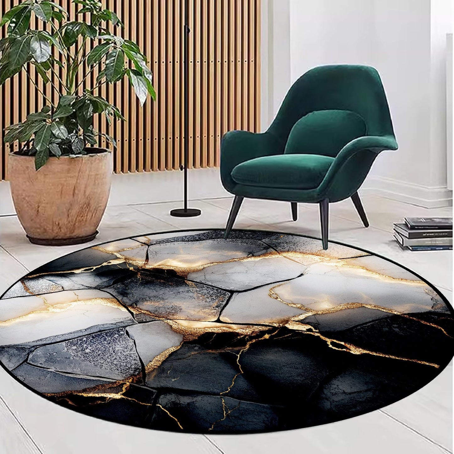 Modern Abstract Round Area Rug, 4ft Stylish Artistic Beautiful Gray Marble Design Indoor Floor Mat. Machine Washable, Non-Slip, and Shed-Resistant Low-Pile Circular Carpet for the Living Room