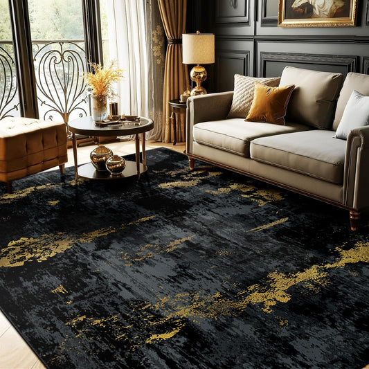 RELEANY Washable Area Rugs 5'x7' Non-Slip Modern Abstract Soft for Living Room Entryway Bedroom Kitchen, Print Pattern, Dark Black Gold