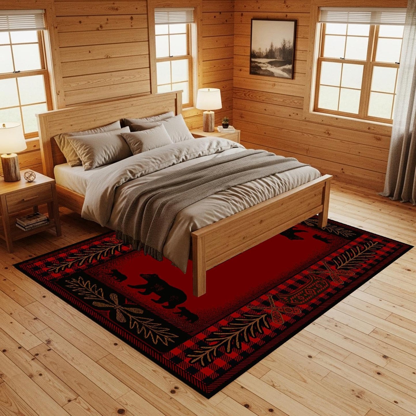 CASAVAINE Rustic Bear Family Area Rug 3'x5', Buffalo Plaid Cabin Lodge Rug with Wildlife Bear Silhouette, Non Slip Low Pile Rug for Living Room Bedroom
