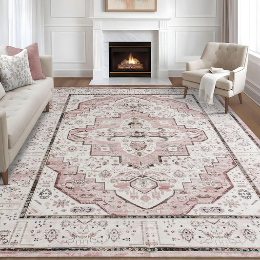 DECOMALL Maila Machine Washable Rugs 9x12ft, Traditional Oriental Pink Rug,Vintage Distressed Large Rugs Carpet for Living Room Bedroom
