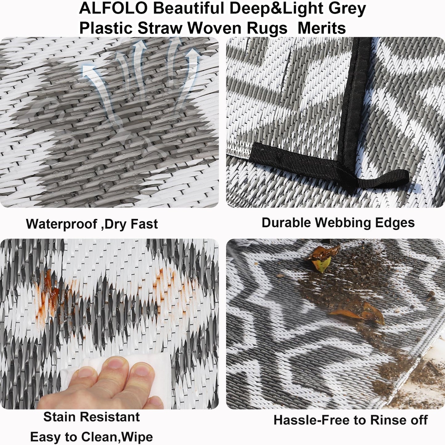 Alfolo Outdoor Rug 9x12 for Patios Clearance,Outdoor Plastic Straw Rug,Waterproof Camping Rugs for Outside Your Rv, Deck, Porch,Beach,Picnic,Pool Grey Recyclable,Easy Cleaning Outside Mats with a Bag