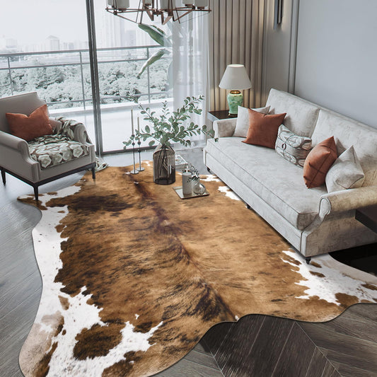 Pettop Luxury Faux Cowhide Rug 4.6x5.2 Feet - Western Cow Print Area Rugs for Living Room, Bedroom, Farmhouse - Premium Western Style Faux Fur Carpet, Non-Slip Animal Hide Throw Rugs (Caramel)