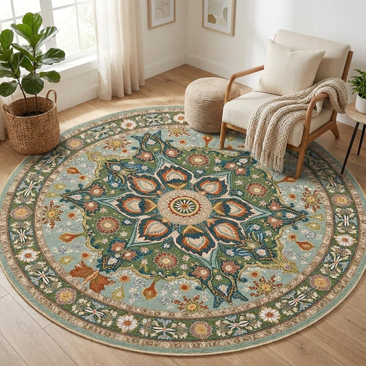 Sage Green Floral Round Area Rug 4ft,Machine Washable Boho Oriental Flower Round Rug Non-Slip Vintage Circle Rugs Low-Pile,Indoor Floor Carpet Mat for Living Room Bedroom Kitchen Dining Entryway