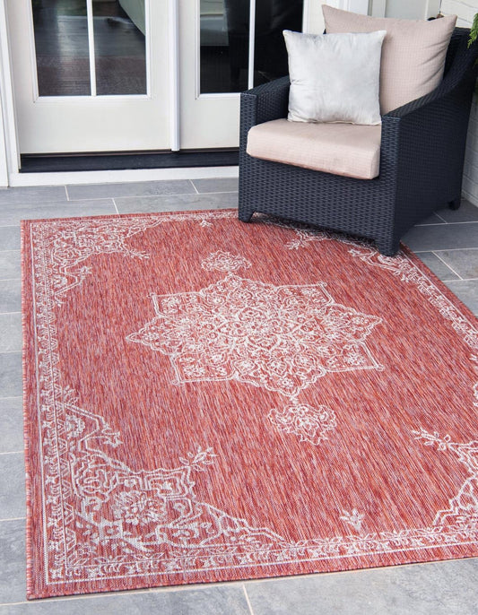 Unique Loom Outdoor Traditional Collection Area Rug - Antique (10' x 14' 1" Rectangle Rust Red/Ivory)