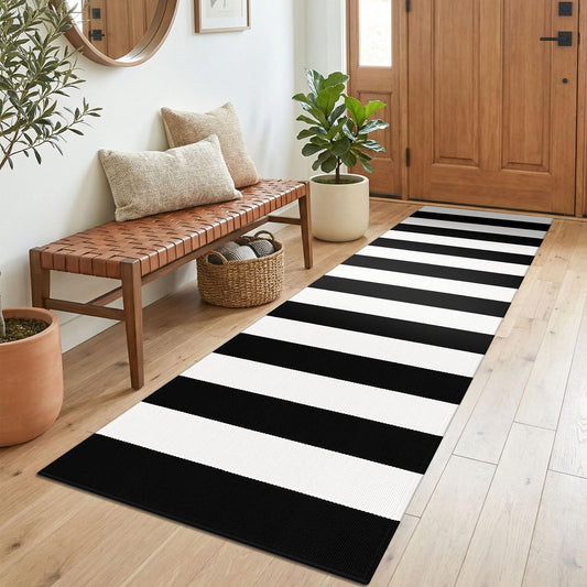 KOZYFLY Black White Striped Runner Rug 2x6 ft Woven Washable Hallway Runner Cotton Farmhouse Kitchen Rug for Entryway Porch Patio Laundry Room